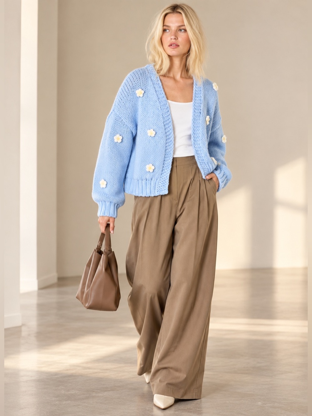 Apricot 🍑- 3-D Daisy embroidered open cardigan